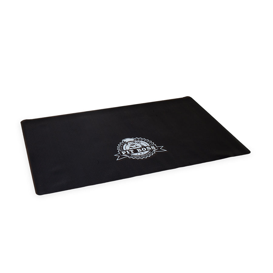 Rectangular shaped black mat with white pit boss logo 