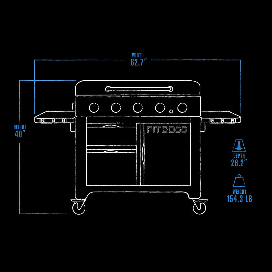 blue and white line drawing of exterior dimensions of griddle. black background