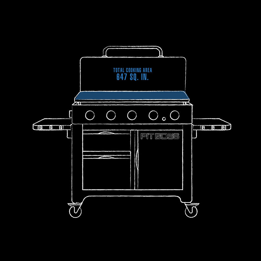 blue and white line drawing of interior dimensions of griddle. black background