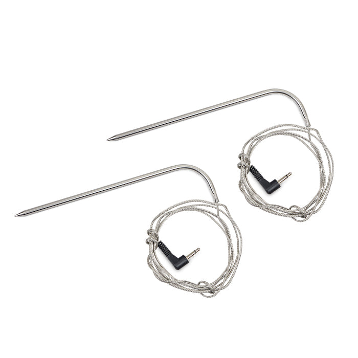 Silver colored probes with black plugs