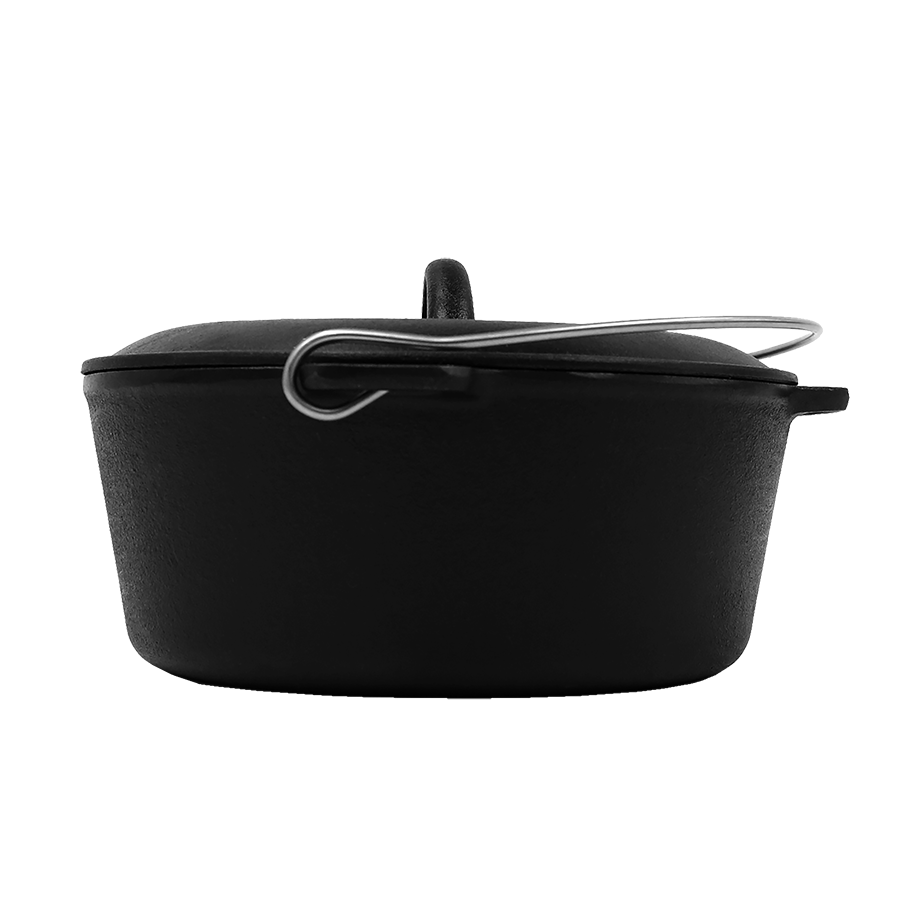 Round, all black cast iron oven with metal handle and top lip handle