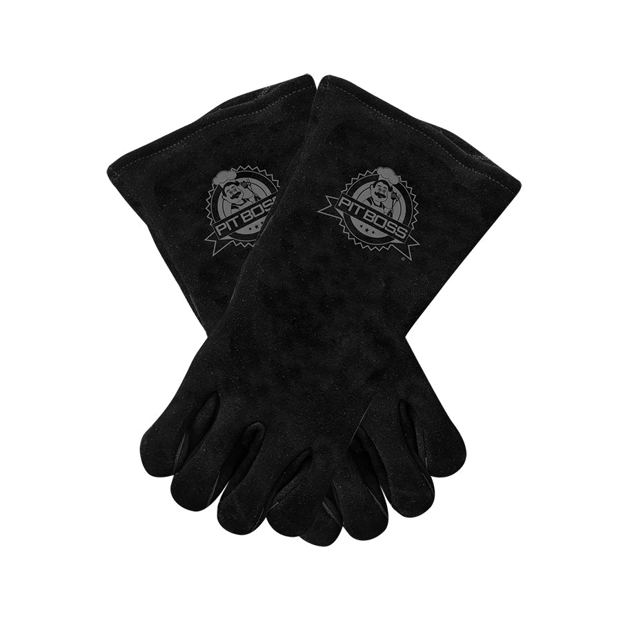 Black gloves with gray pit boss logo on sleeves