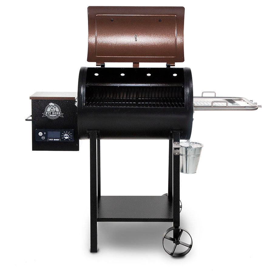 black grill with redish-brown and silver accents and white pit boss logo. front view, grill hood open
