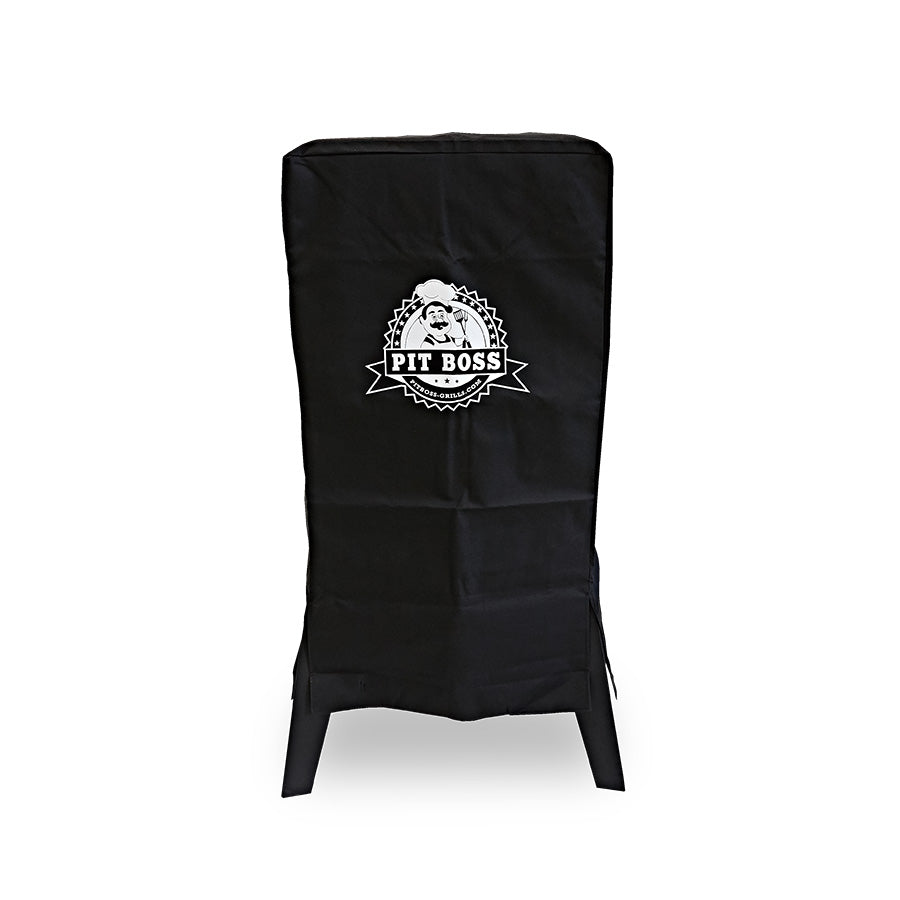 All black smoker grill cover with white pit boss logo on center front