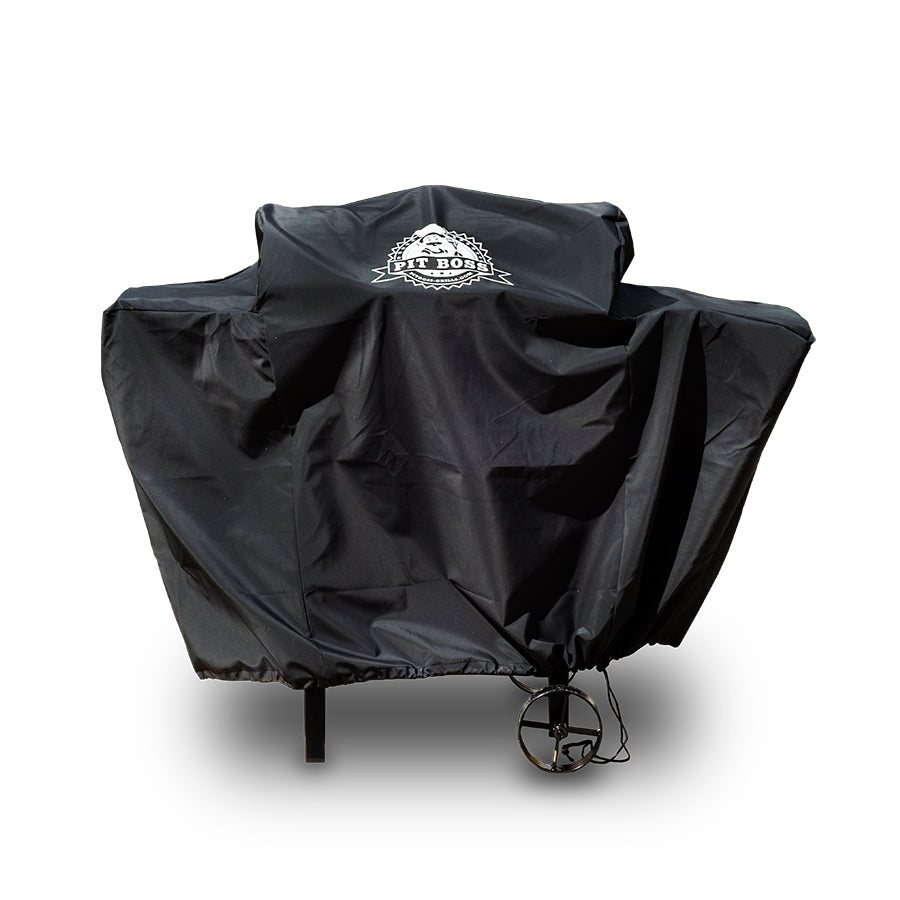 Black grill cover with white pit boss logo on center top