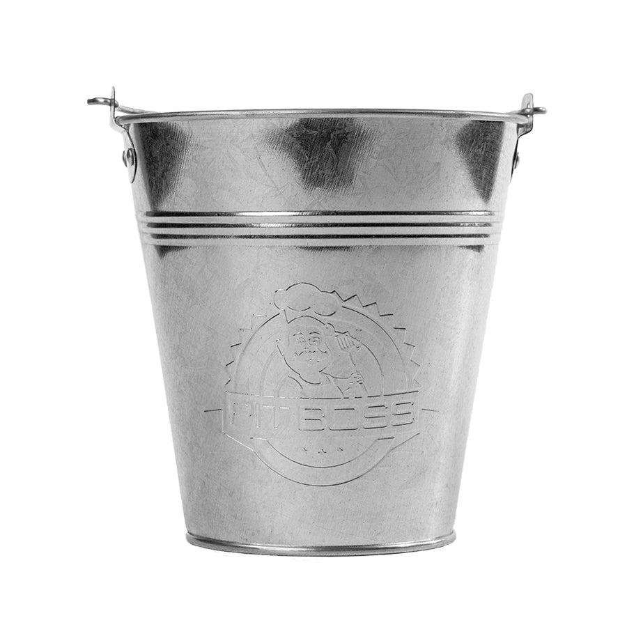 All silver bucket with engraved pit boss logo on front