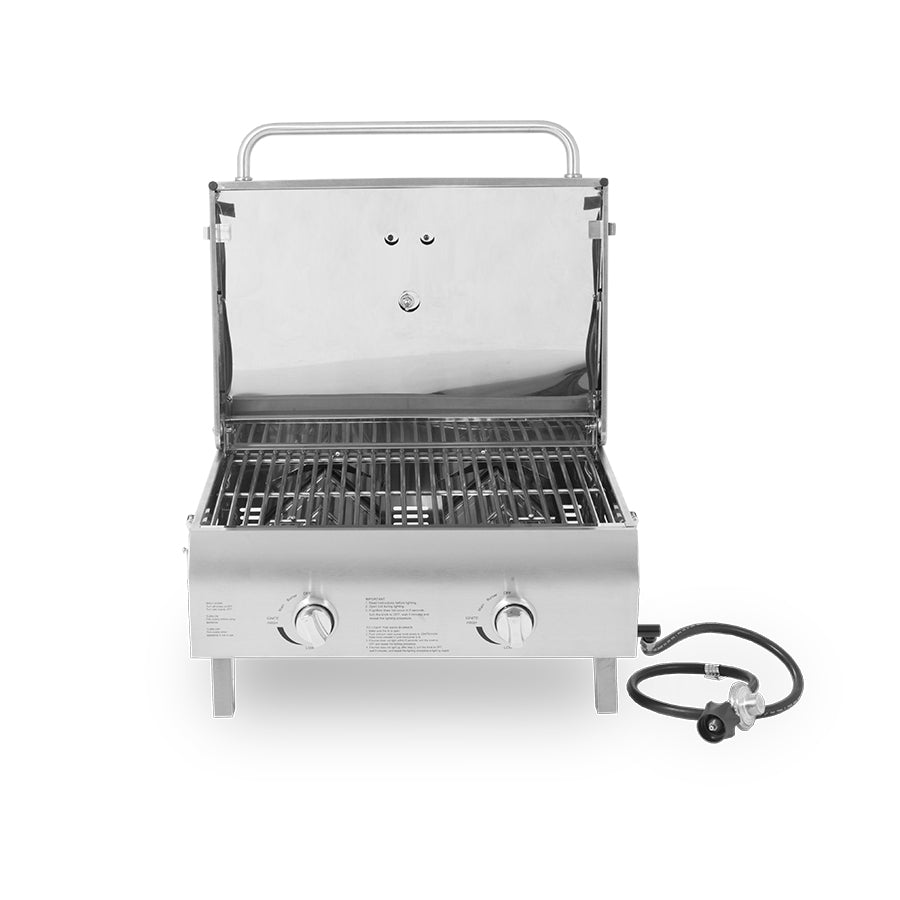 lifestyle_1, Silver/grey grill with black letter and a small Pit Boss logo. Grill hood open