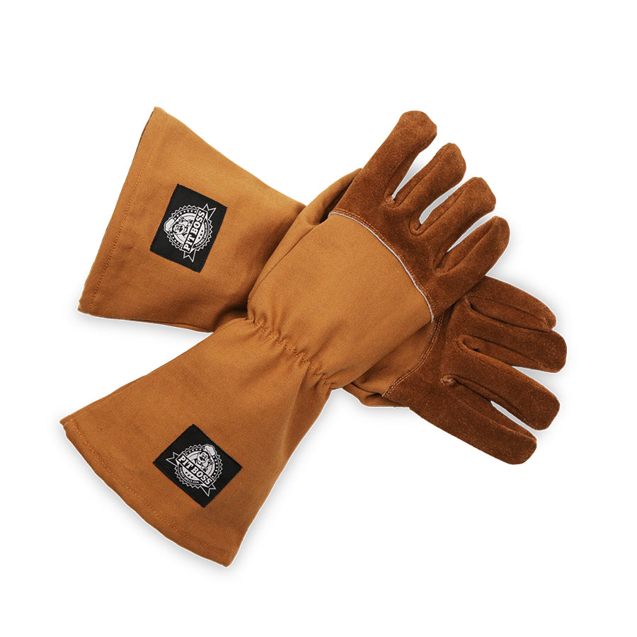 Brown canvas and leather gloves with black and white pit boss logo on sleeve