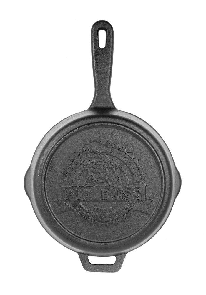 bottom of black 8 inch cast iron skillet with pit boss logo