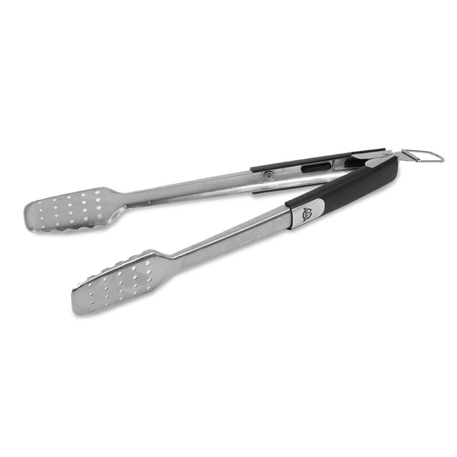 Silver tongs with black handle and small pit boss logo. Open