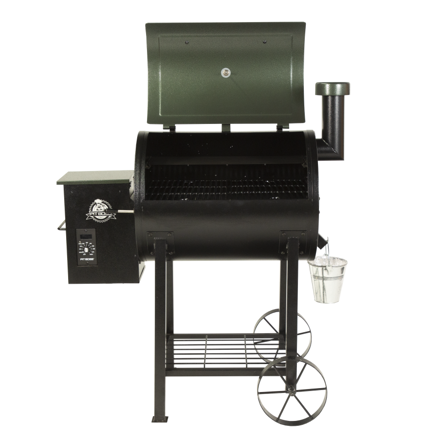 lifestyle_1, Dark green and black grill with silver accents and Pit Boss logo. Grill hood open
