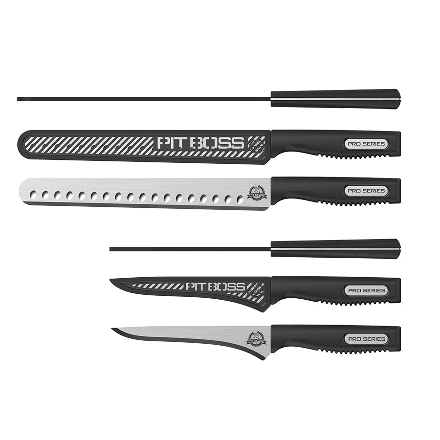 black and silver knife set with pit boss logo and pro series lettering