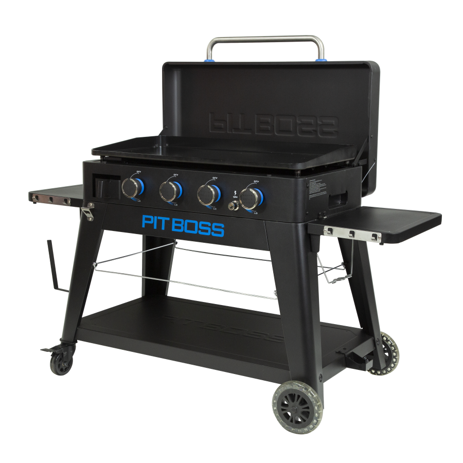 lifestyle_3, Black griddle with bright blue and silver accents and a large blue Pit Boss logo on front. Side angle view. Grill hood open