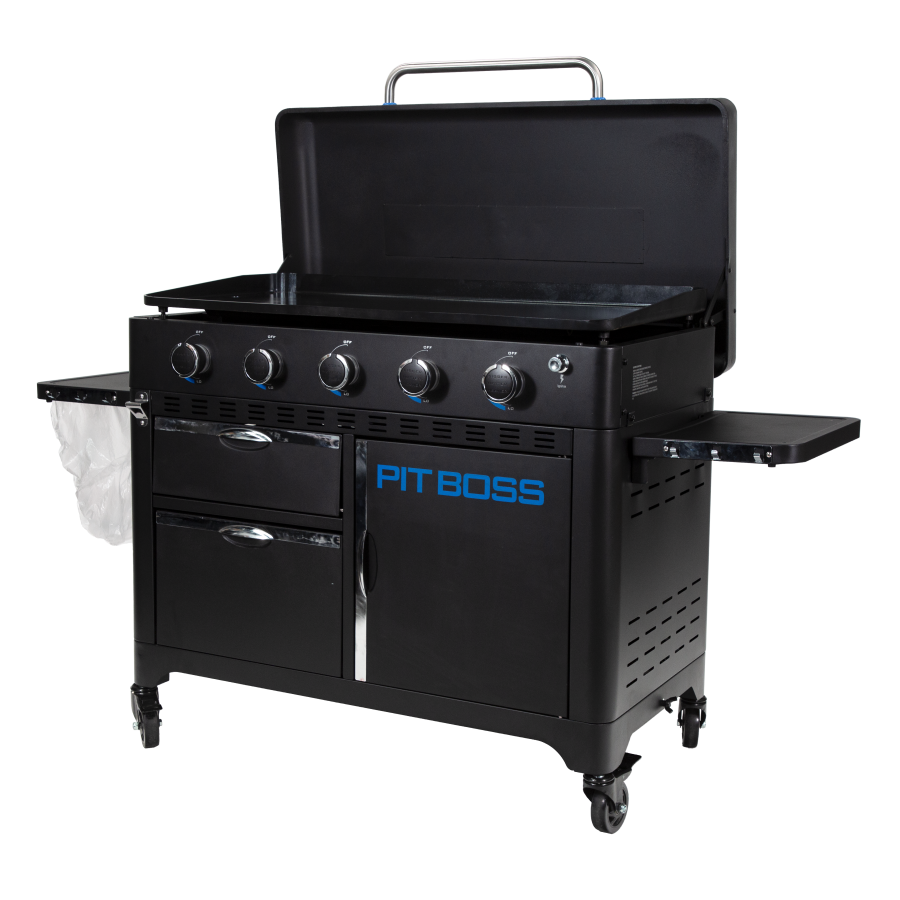 lifestyle_3, Black griddle with bright blue and silver accents with large blue "pit boss" logo. Side angle view. Grill hood open