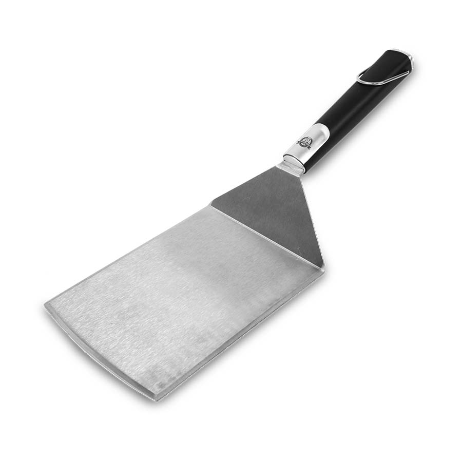 Soft Touch Spatula. Black handle with silver spatula and small pit boss logo