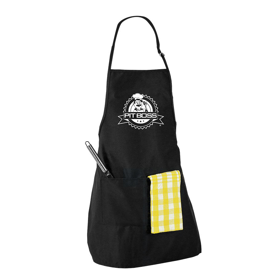 Black apron with pocket and white pit boss logo on front
