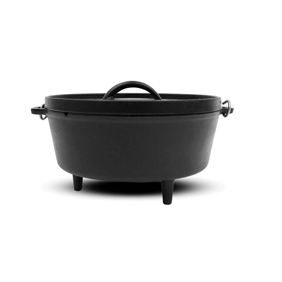 Round, black dutch oven with feet and loops with metal handle