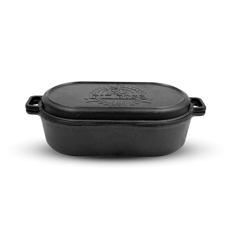 black cast iron roaster with lid and engraved pit boss logo