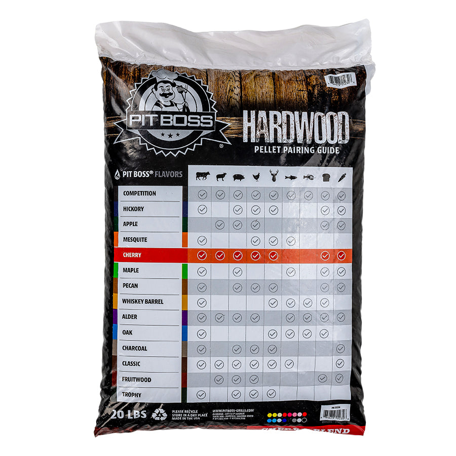 lifestyle_1, back of bag. "Hardwood pellet pairing guide" chart of flavors