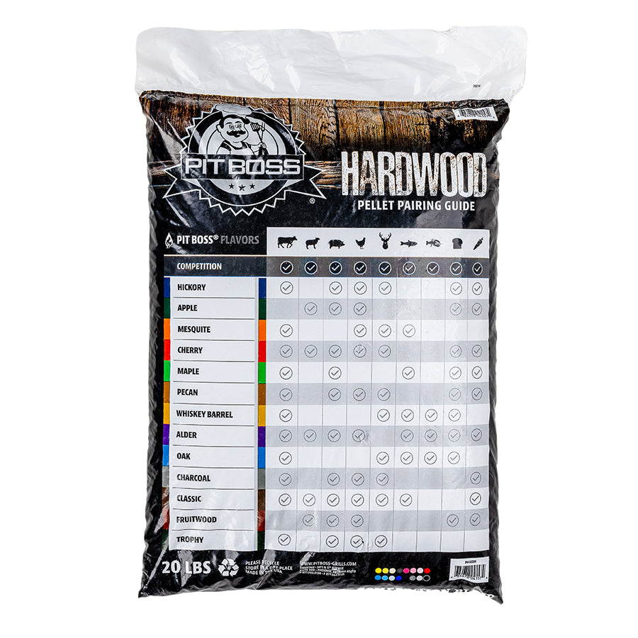 lifestyle_1, "Hardwood pellet pairing guide" chart of wood pellet flavors