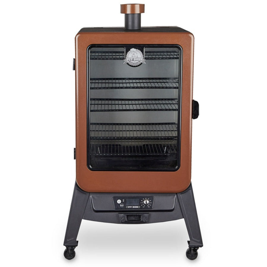 Orangeish-brown and black smoker with small Pit Boss logo on transparent door