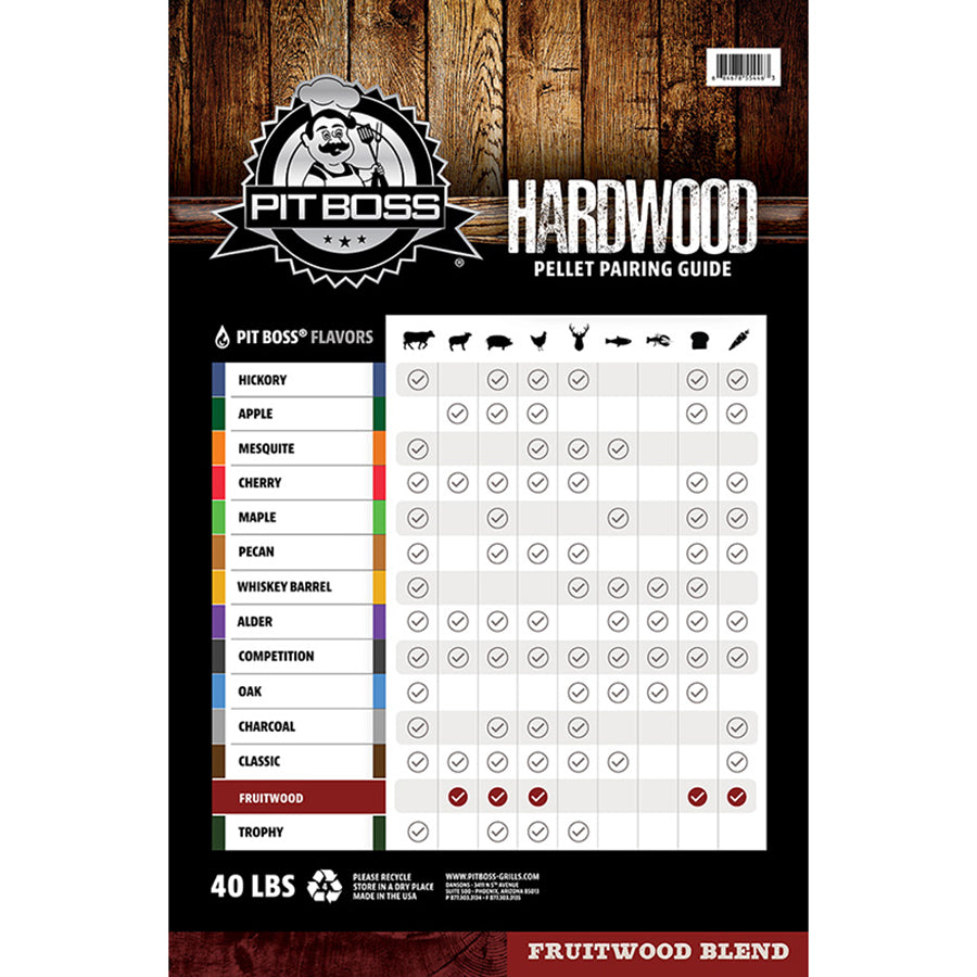 Back of back image. "Hardwood pellet pairing guide" chart of wood pellet flavors