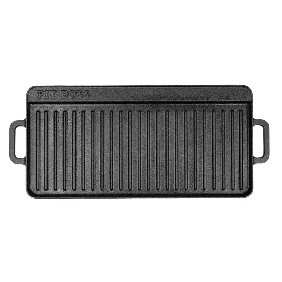 All black rectangular griddle with raised Pit Boss lettering and grill texture grooves