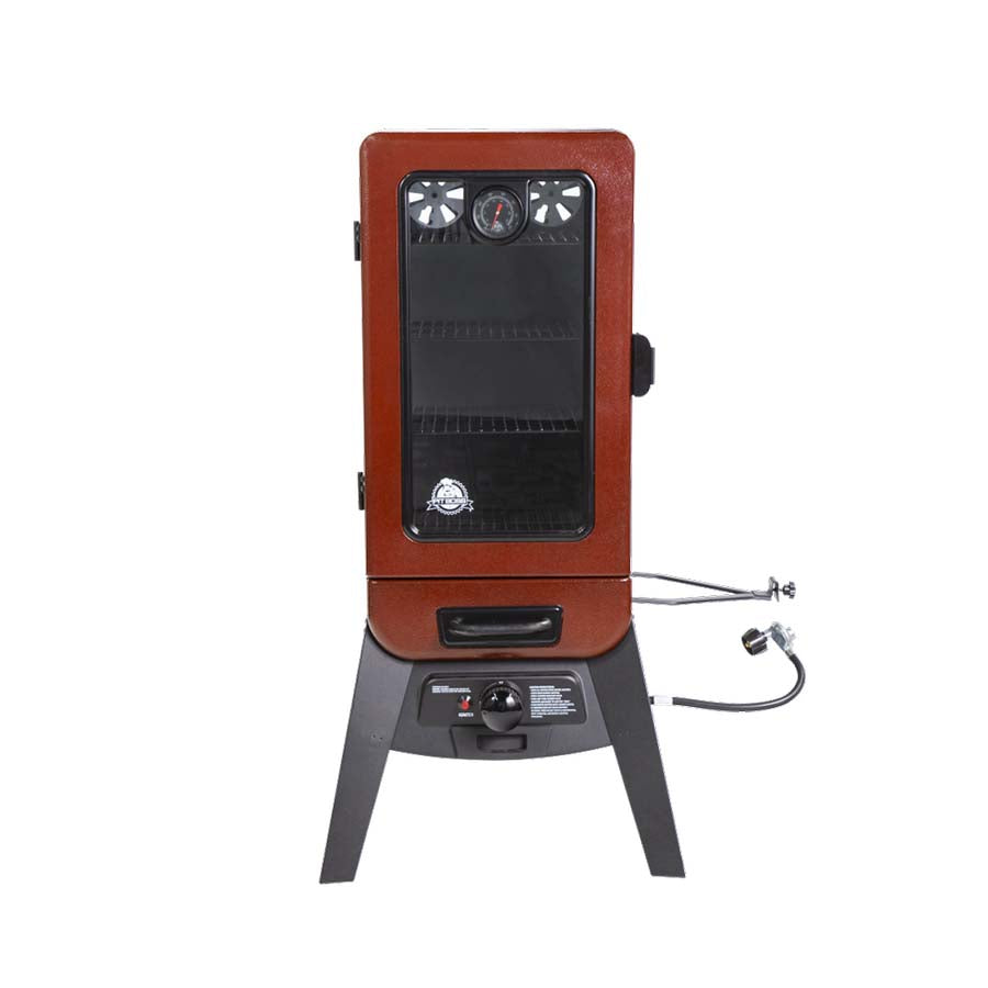 red and black vertical smoker with white pit boss logo and lettering. front, close view