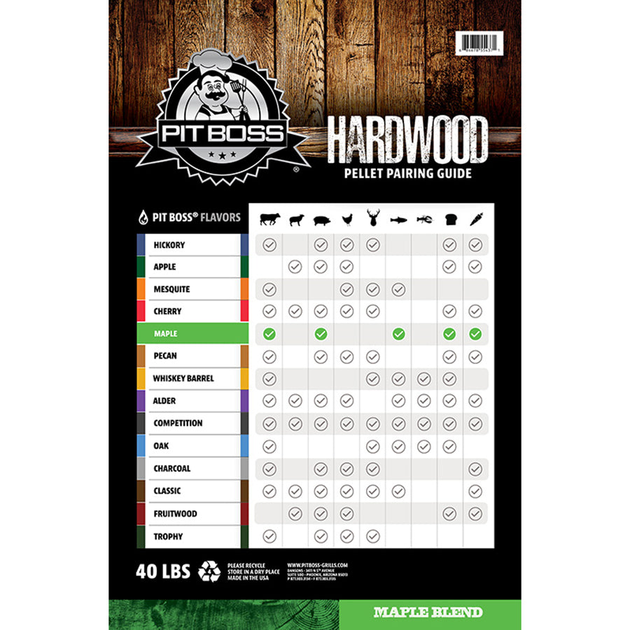 back of bag. "hardwood pellet pairing guide" chart of all pellet flavors