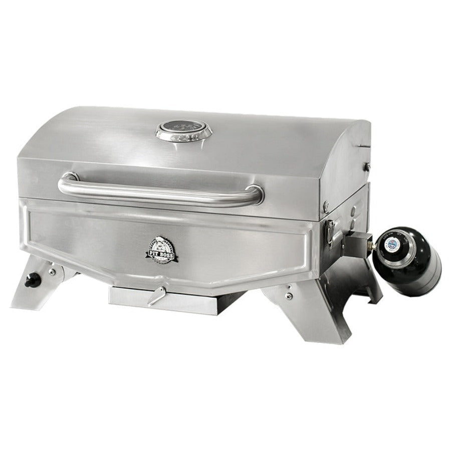 Silver/grey grill with black and white accents and small pit boss logo