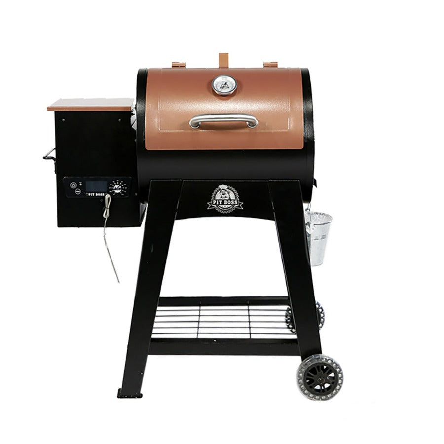 Orangeish-brown and black grill with silver accents and Pit Boss logo