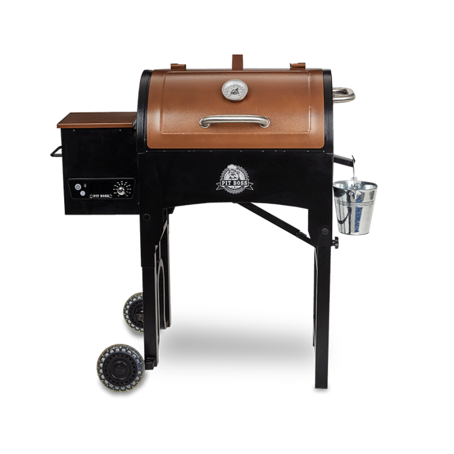 orangeish-brown and black grill with silver accents and Pit Boss logo