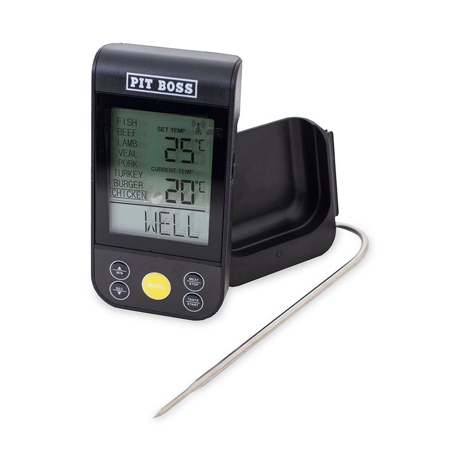 Black thermometer body with yellow button and silver metal probe