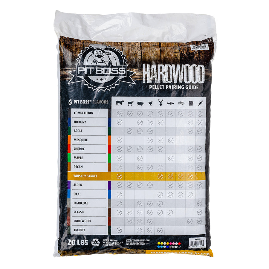 back of bag. "Hardwood pellet pairing guide" chart of flavors