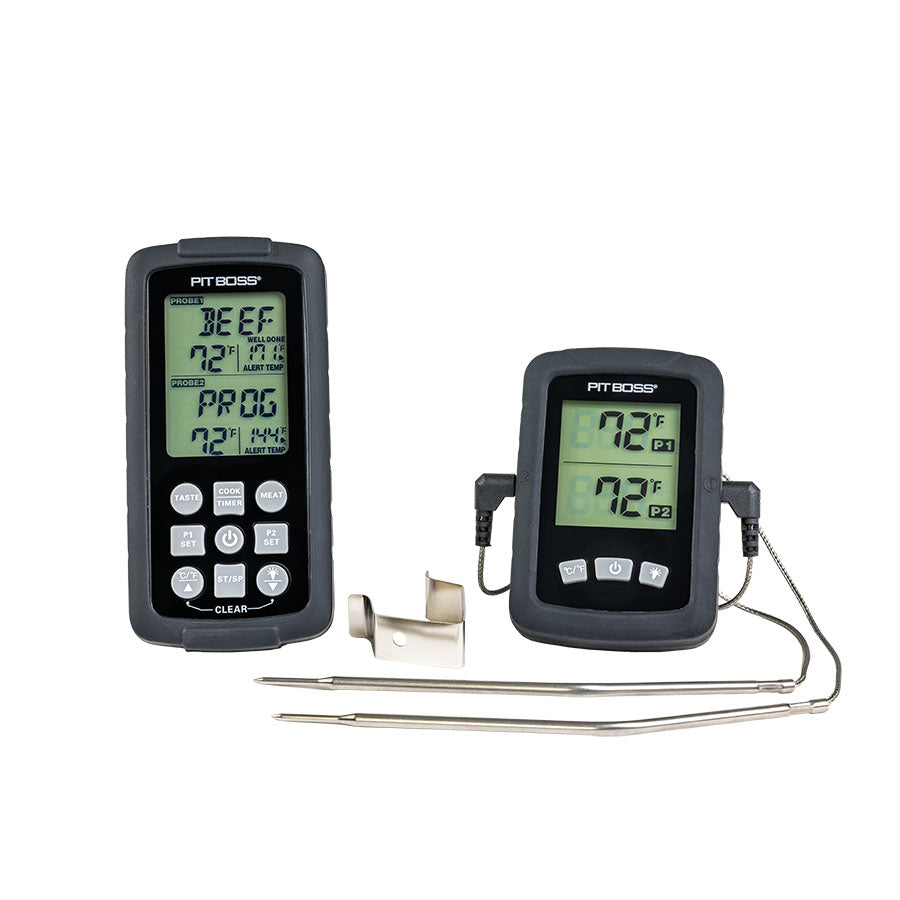 Black thermometers with grey buttons and silver probes